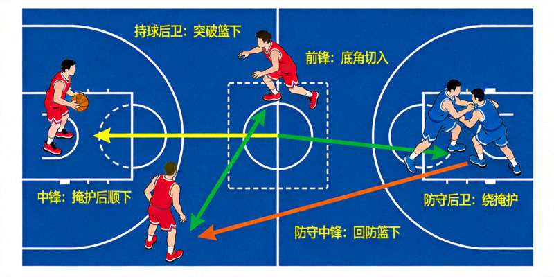 篮球进攻战术示意图展示挡拆配合与球员移动路径