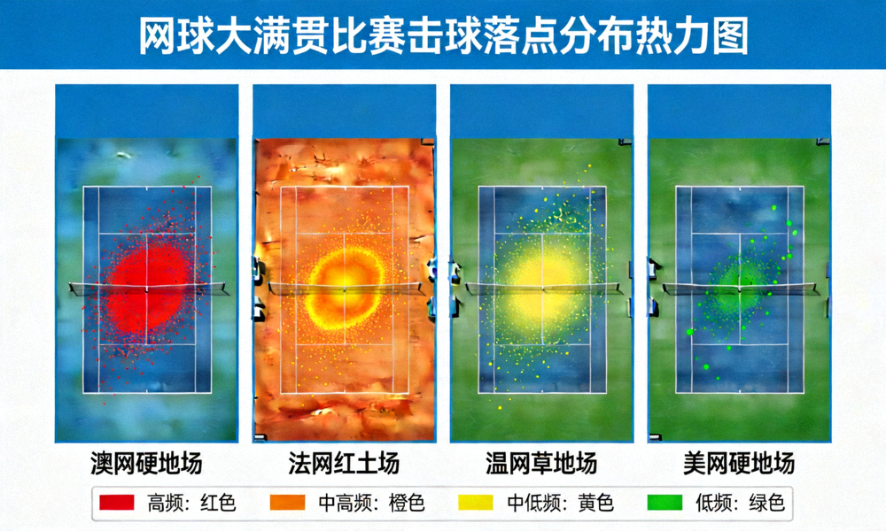 网球大满贯比赛场地与球员击球落点分布热力图